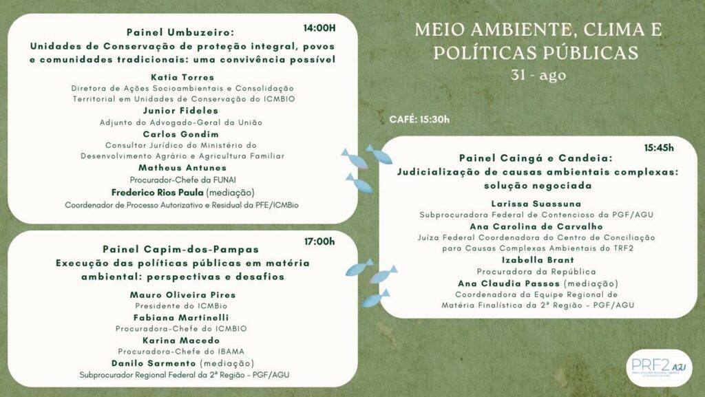 Programação do evento Meio Ambiente, Clima e Políticas Públicas da Procuradoria Regional Federal da Segunda Região - PRF2, para o dia 31 de agosto na parte da tarde.